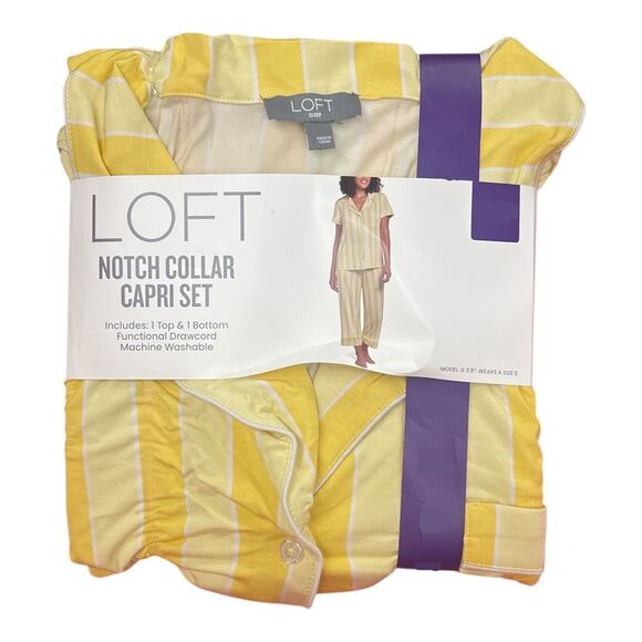Yellow Stripe - Loft Women's Notch Collar Short Sleeve and Drawcord Sleep Capri - Picture 1 of 2